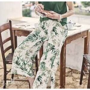 J.Jill Linen Culotte Pants Barley Bamboo Tropical Palm Leaf Wide Crop XL Petite